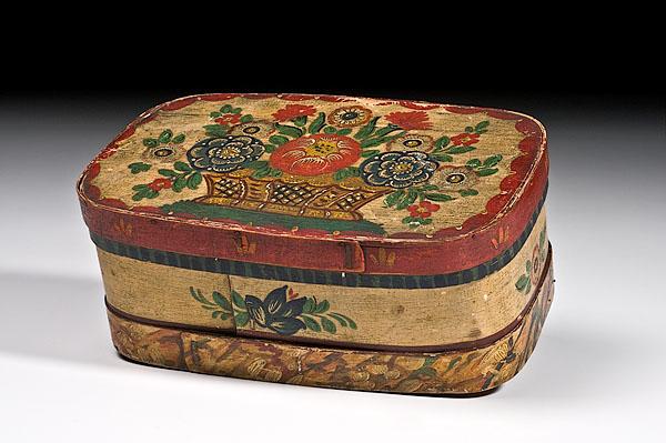 Appraisal: TH-CENTURY PAINT-DECORATED BRIDE'S BOX a continental bentwood box in pine