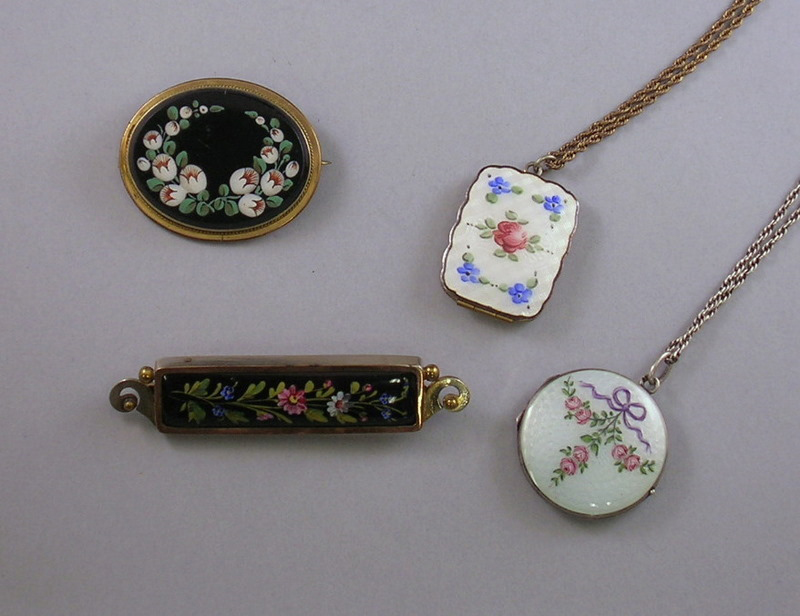 Appraisal: Four Painted and Enameled Jewelry Items including two gold-tone framed