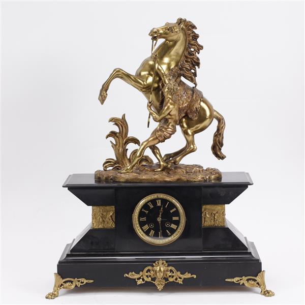 Appraisal: French ormolu mounted neoclassical marble mantel clock surmounted by a