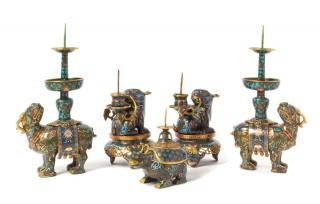 Appraisal: Five Cloisonne Enamel Candlesticks Five Cloisonne Enamel Candlesticks comprising two