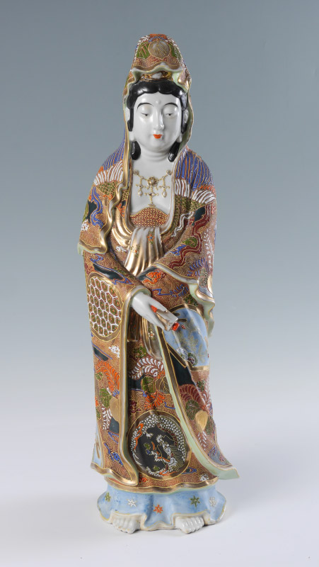 Appraisal: LARGE JAPANESE SATSUMA FIGURE Polychrome and gilt decorated figure of