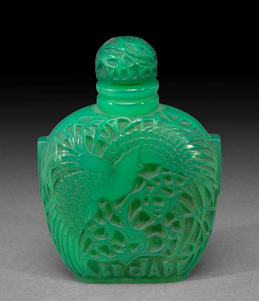 Appraisal: A Ren Lalique green cased glass scent bottle with stopper