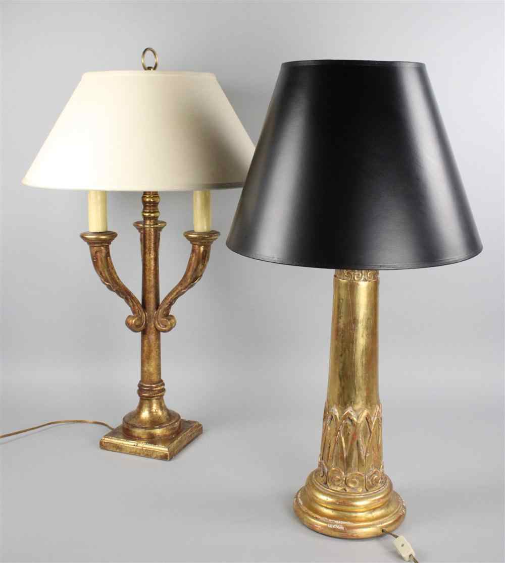 Appraisal: TWO GILT TABLE LAMPS the first tapering columnar issuing three