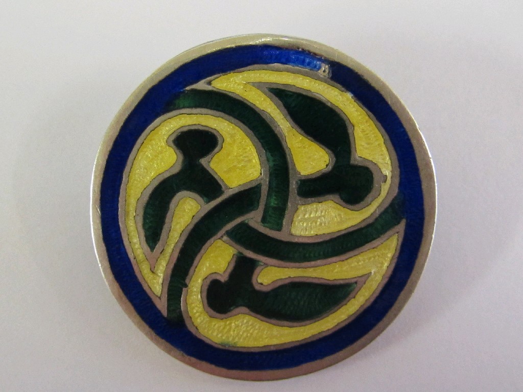 Appraisal: Alexander Ritchie silver and enamelled circular brooch with triple Celtic