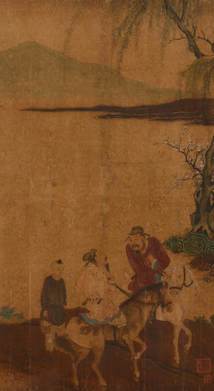 Appraisal: EARLY ORIENTAL SCROLL PAINTING Scene Depicts Two Men on Horseback