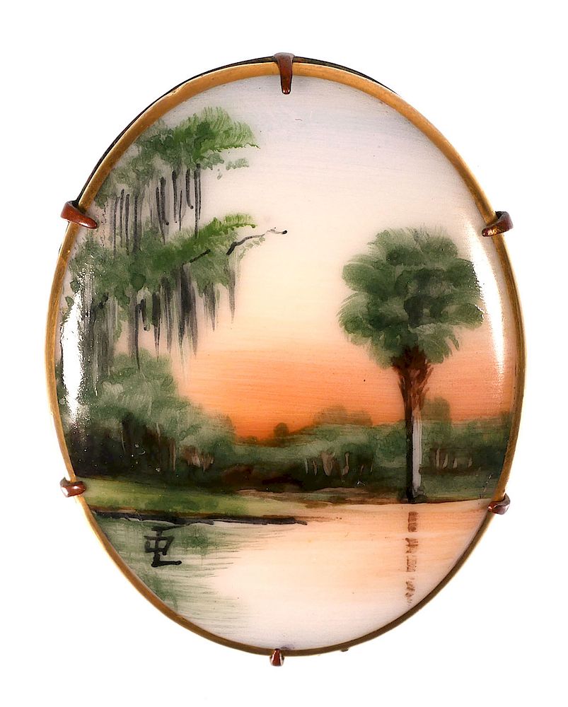 Appraisal: OLIVE COMMONS Cameona Pin Florida scene painted on porcelain --