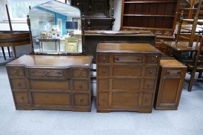 Appraisal: Oak linenfold style bedroom suit to include chest of drawers