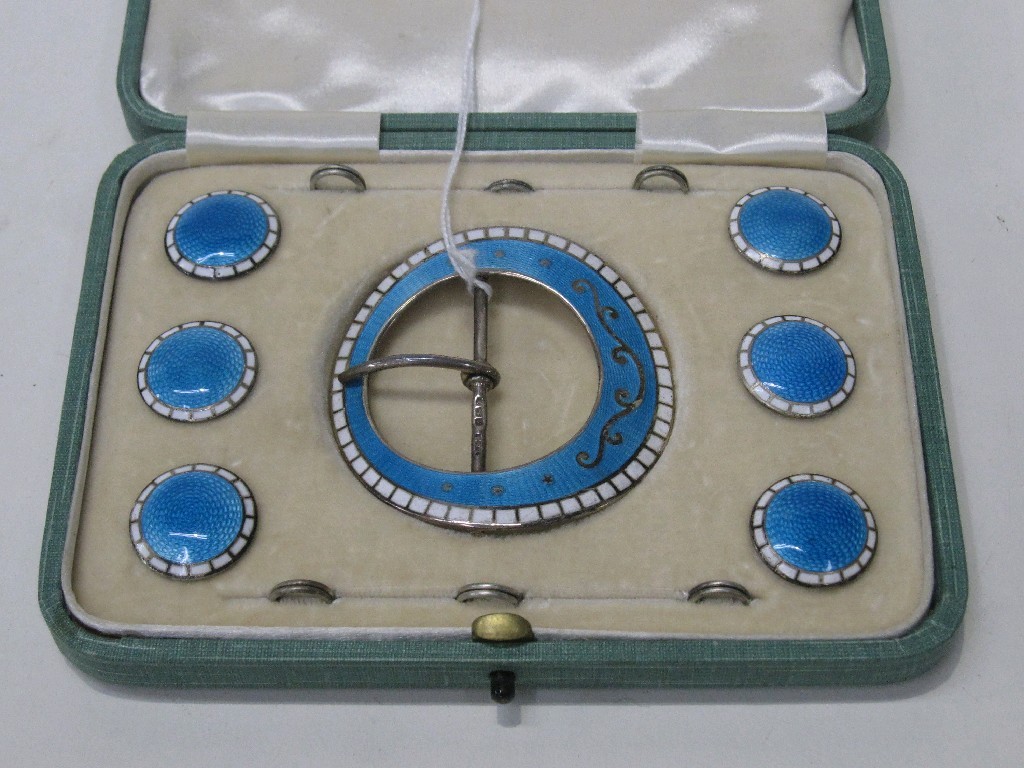 Appraisal: Lot comprising white metal and enamel buckle and button set