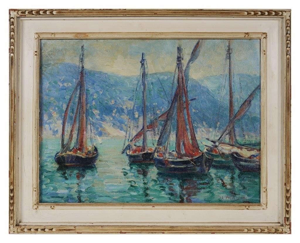 Appraisal: ROBERT PALLISER OIL ON CANVAS PANEL SAILBOATSRobert L Palliser American