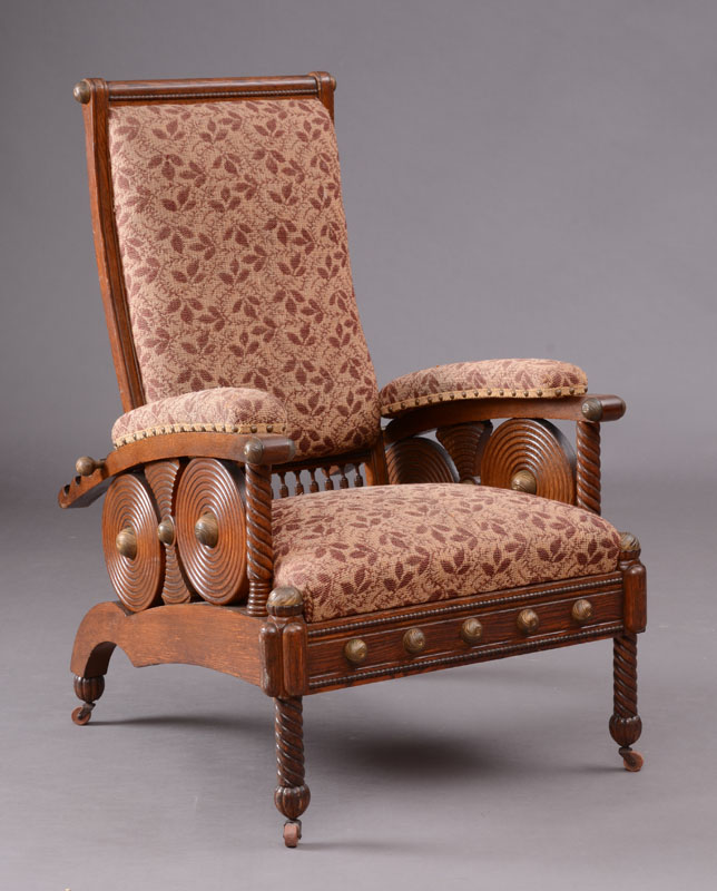 Appraisal: AMERICAN AESTHETIC MOVEMENT OAK AND BRASS MORRIS CHAIR Circa x