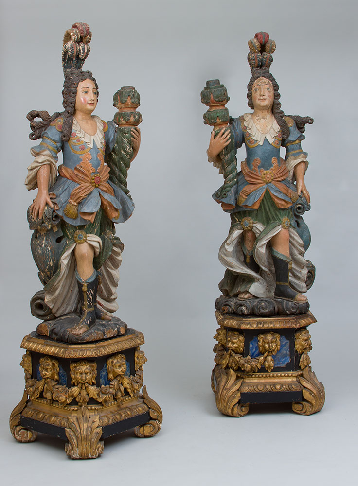 Appraisal: PAIR OF LUSO-BRAZILIAN BAROQUE POLYCHROME PAINTED TORCH RES On later