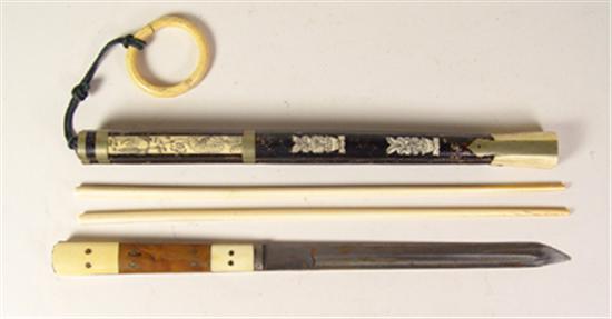 Appraisal: Japanese Sushi Set Includes knife two ivory chop sticks Bone