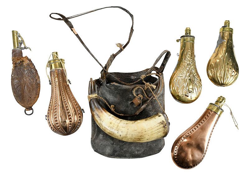 Appraisal: Seven Brass and Horn Powder Flasks Shot Pouches American th