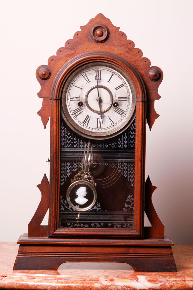 Appraisal: - Gingerbread Clock Gingerbread clock walnut with medallion pendulum h