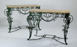 Appraisal: Wrought iron marble top consoles w Pair of early th