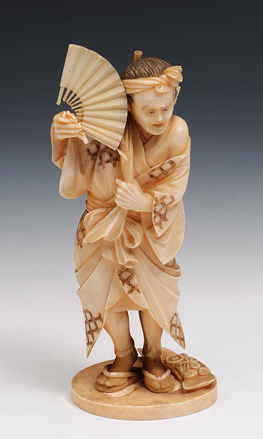 Appraisal: A Japense ivory okimono of a farmerMeiji periodsigned Norimitsu the