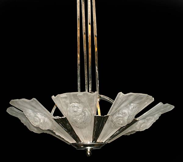 Appraisal: A silvered-metal and Degue frosted glass chandelier and a pair