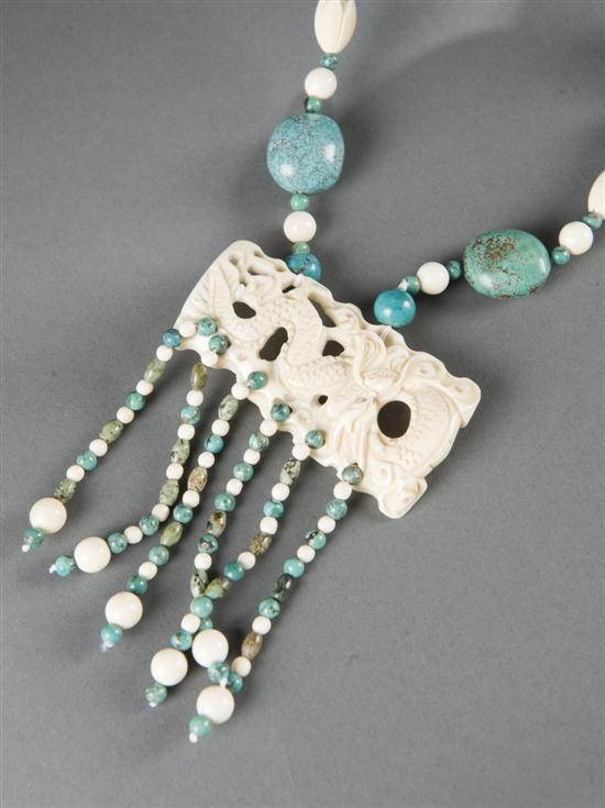 Appraisal: Chinese turquoise and ivory necklace with dragon pendant c s