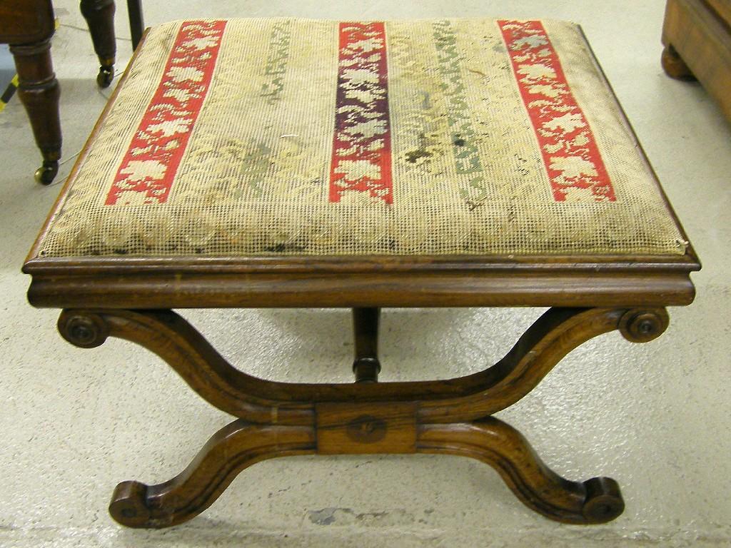 Appraisal: th century rosewood X-frame square stool the floral tapestry seat