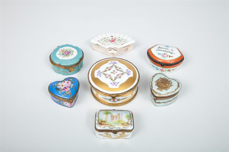 Appraisal: Group of Seven Porcelain Boxes Including two heart-shaped and one