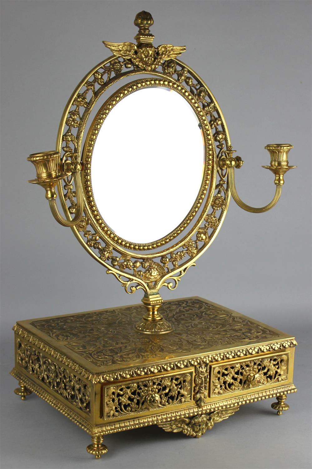 Appraisal: CONTINENTAL BRONZE DRESSING MIRROR cabinet fitted with two drawers the