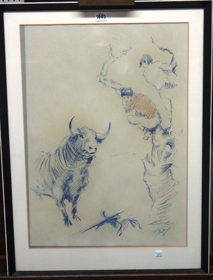 Appraisal: Franco Matania - Fleeing the bull coloured chalks signed cm