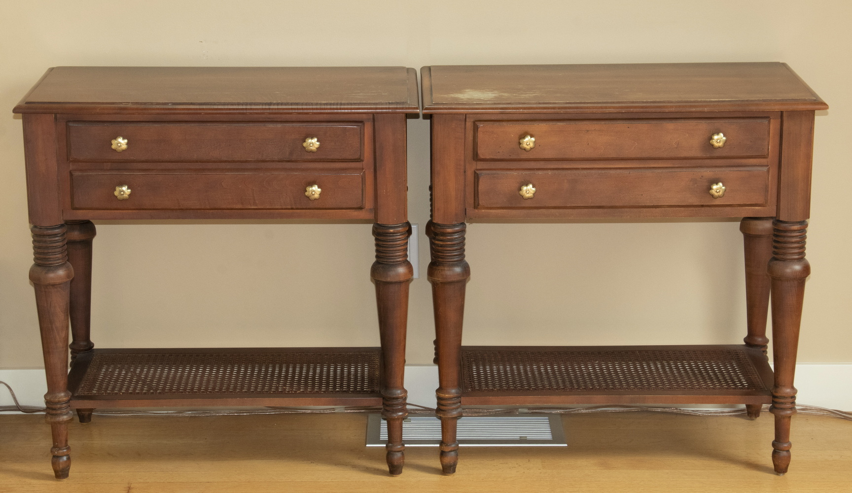 Appraisal: PAIR OF SIDE TABLES WITH CANED STRETCHERS Matching pair of