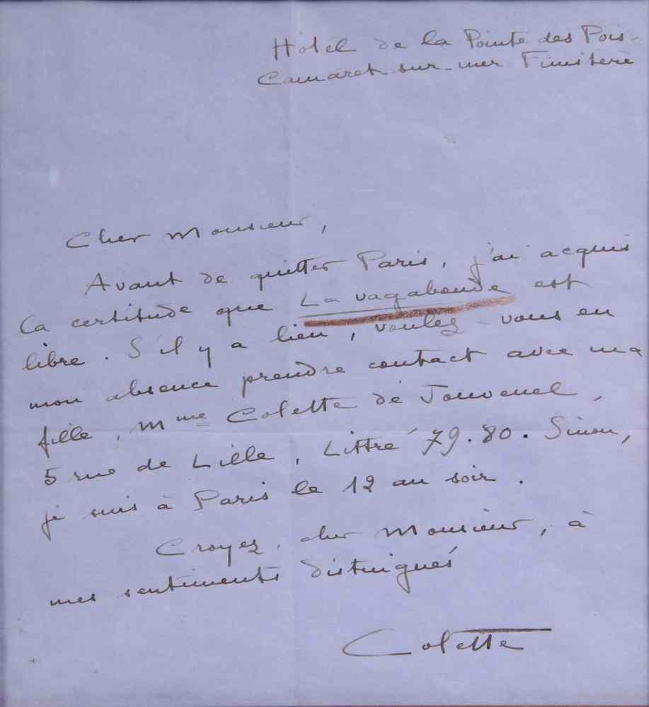 Appraisal: AUTOGRAPH LETTER SIGNED-'COLETTE'-French novelist and performer Sidonie-Gabrielle Colette - Best