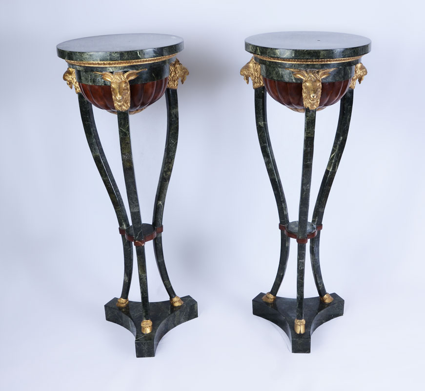 Appraisal: PAIR OF LOUIS XVI STYLE RAMS HEAD STANDS Contemporary decorative