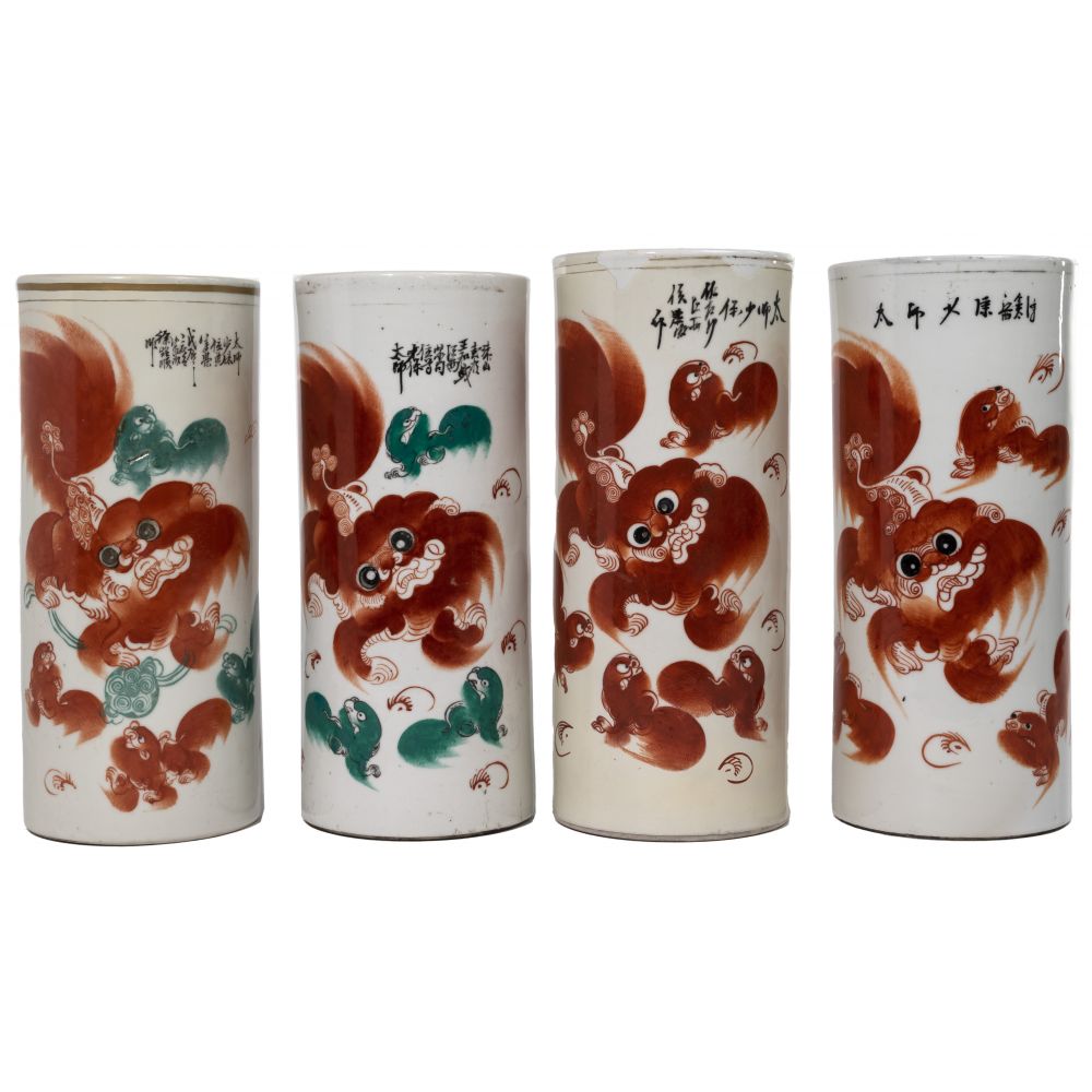 Appraisal: CHINESE IRON RED ON WHITE PORCELAIN VASES cylindrical hat stand