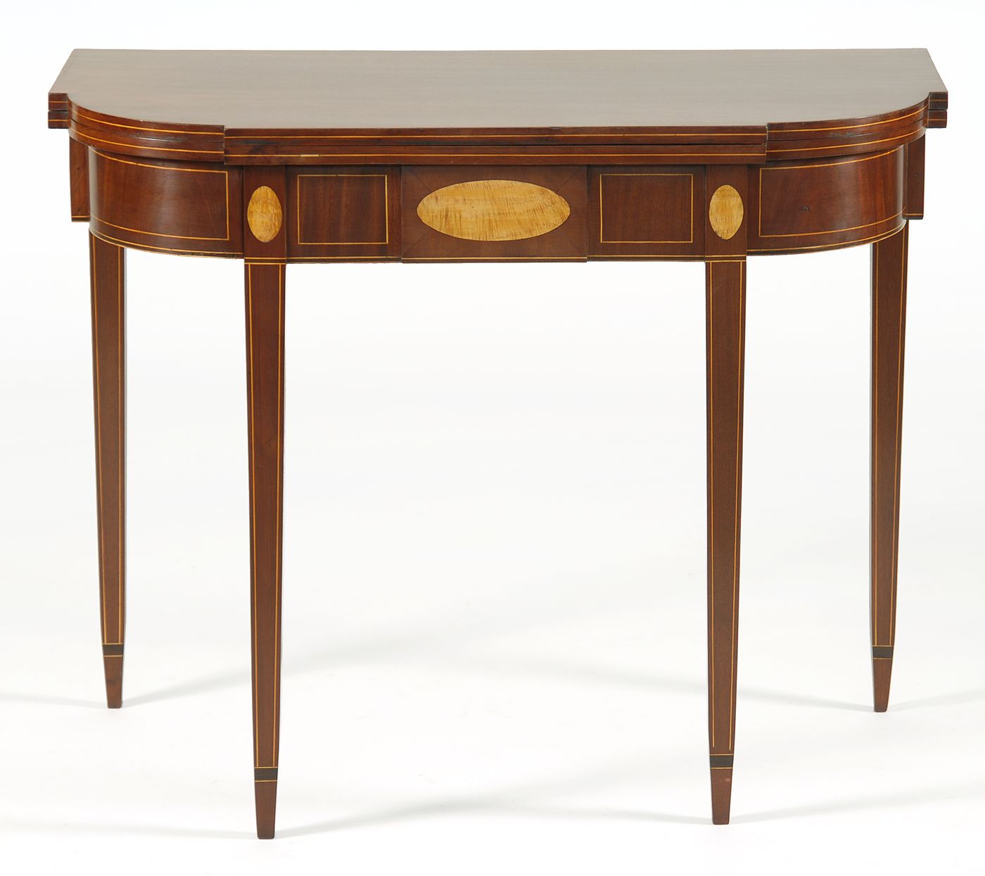 Appraisal: ANTIQUE HEPPLEWHITE INLAID CARD TABLE Boston Circa In mahogany Oval