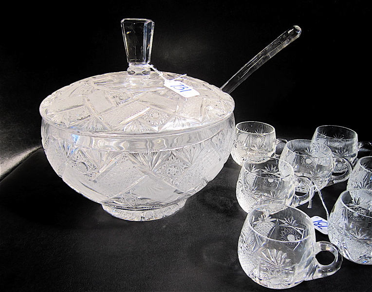 Appraisal: CUT CRYSTAL LIDDED PUNCH BOWL AND CUP SET plus crystal