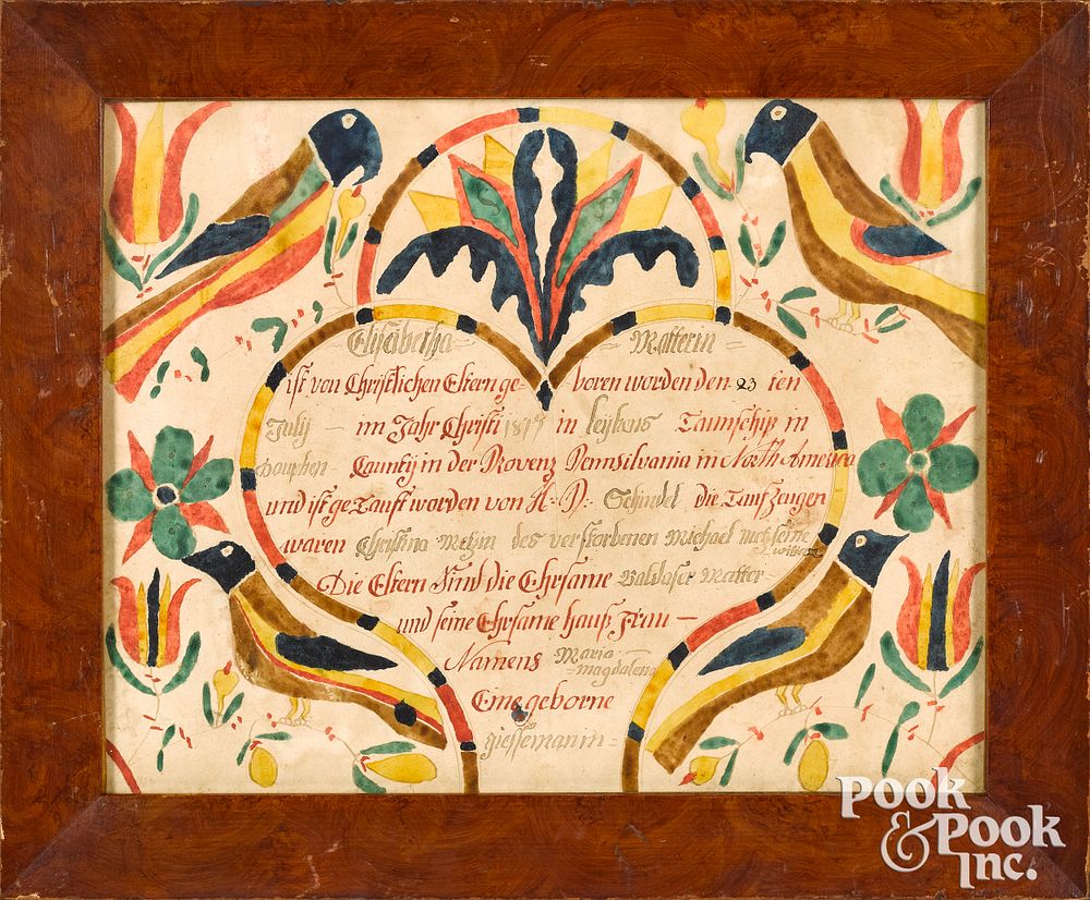 Appraisal: Conrad Trevits ink and watercolor fraktur Conrad Trevits Southeastern Pennsylvania