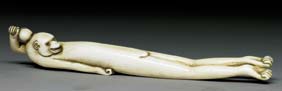 Appraisal: ANTIQUE IVORY SASHI NETSUKE Antique carved ivory sashi netsuke of