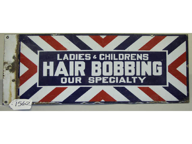 Appraisal: Original double sided enamel hair bobbing sign in good overall