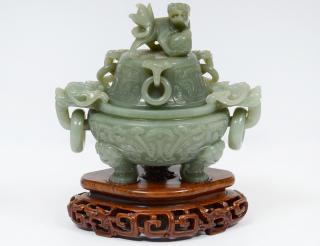 Appraisal: CELADON JADE KORO AND COVER Chinese th Century Carved in