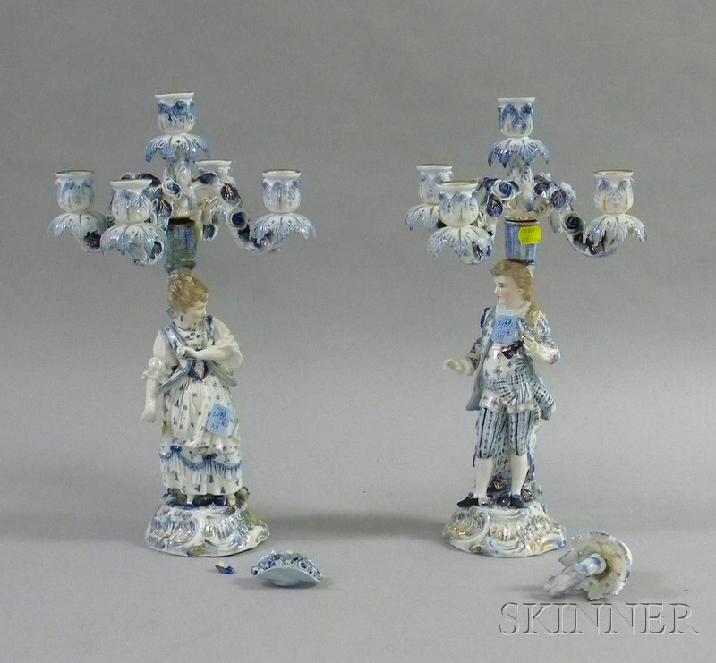 Appraisal: Pair of Meissen-type Gilt and Cobalt Decorated Porcelain Figural Five-Light