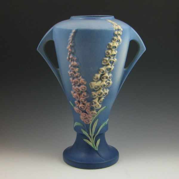 Appraisal: Roseville Foxglove handled vase in blue Marked Roseville USA -