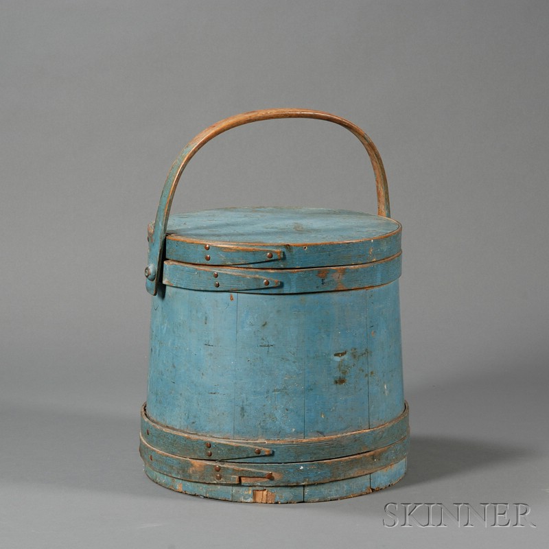 Appraisal: Blue-painted Firkin America th century stave and lapped hoop construction