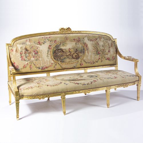 Appraisal: Louis XVI style settee upholstered in th c tapestry on