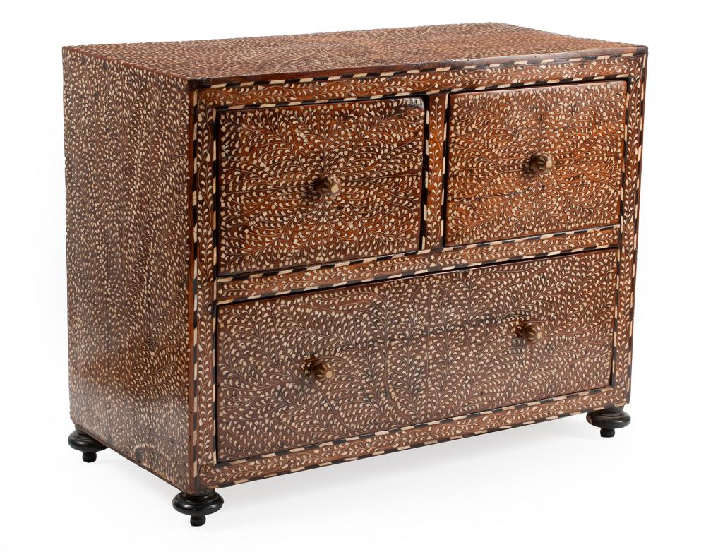 Appraisal: Moorish-Style Inlaid Hardwood Chest foliate inlay two deep drawers over