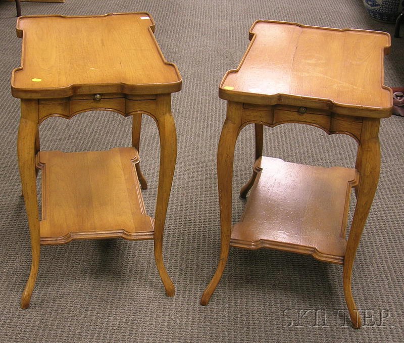 Appraisal: Pair of French Provincial-style Blonde Walnut Stands with Draw Leaf