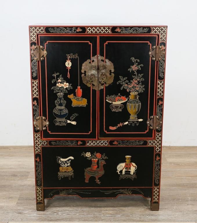 Appraisal: Polychromatic floral Chinese lacquer cabinet th Century Lacquered wood metal