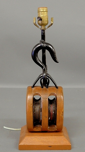 Appraisal: - Wood and metal block tackle pulley converted to an