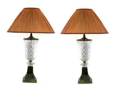 Appraisal: A pair of brass and cut-glass table lamps with pleated