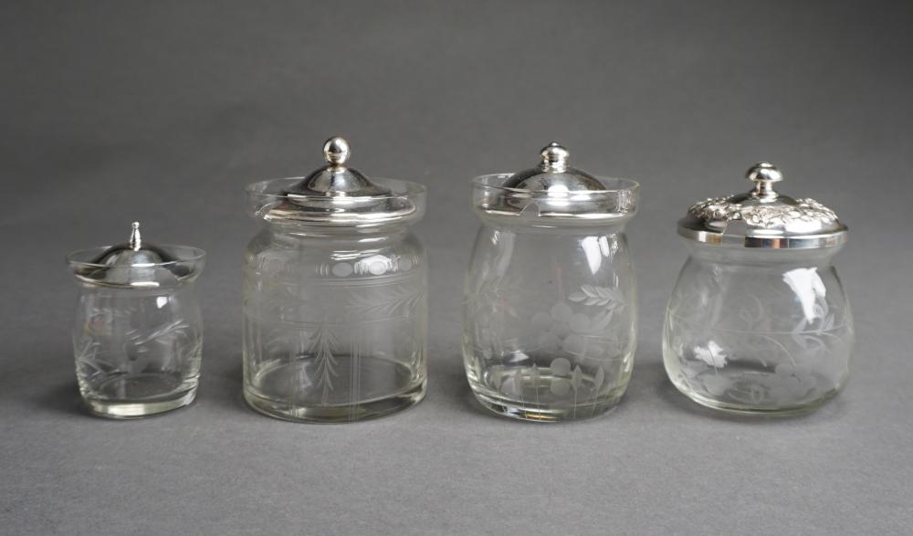 Appraisal: FOUR STERLING SILVER LIDDED GLASS MUSTARD JARS SILVER OZTFour Sterling