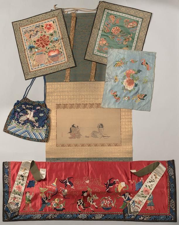 Appraisal: Japanese Scroll Chinese Silk Embroidered Textiles st item Japanese scroll