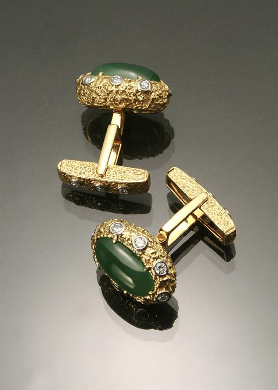 Appraisal: Pair of -Karat Yellow-Gold Platinum Green Jadeite Jade and Diamond