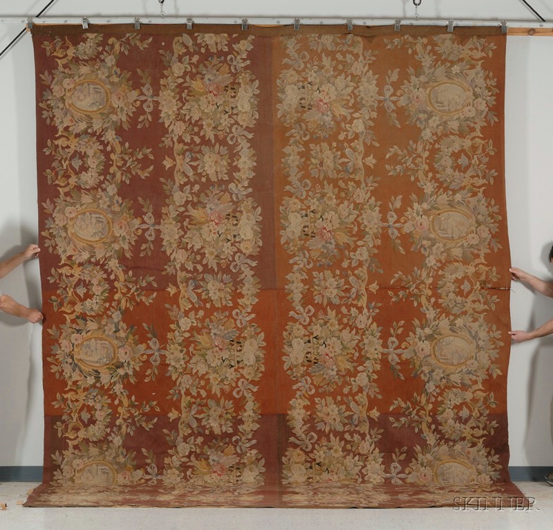 Appraisal: Aubusson Carpet Fragment France th century pieced together stain ft