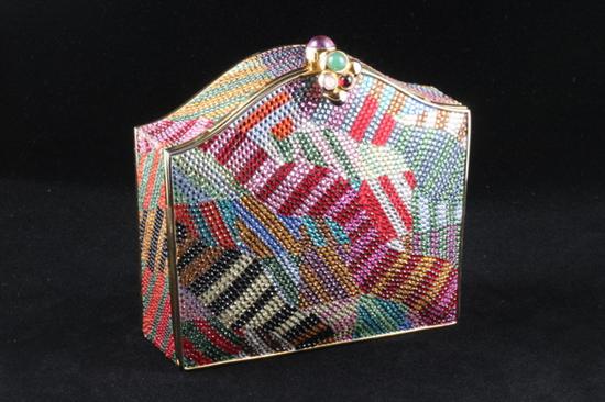 Appraisal: SIGNED JUDITH LEIBER GOLD PLATED AND MULTI-COLOR RHINESTONE MINAUDIERE Domed